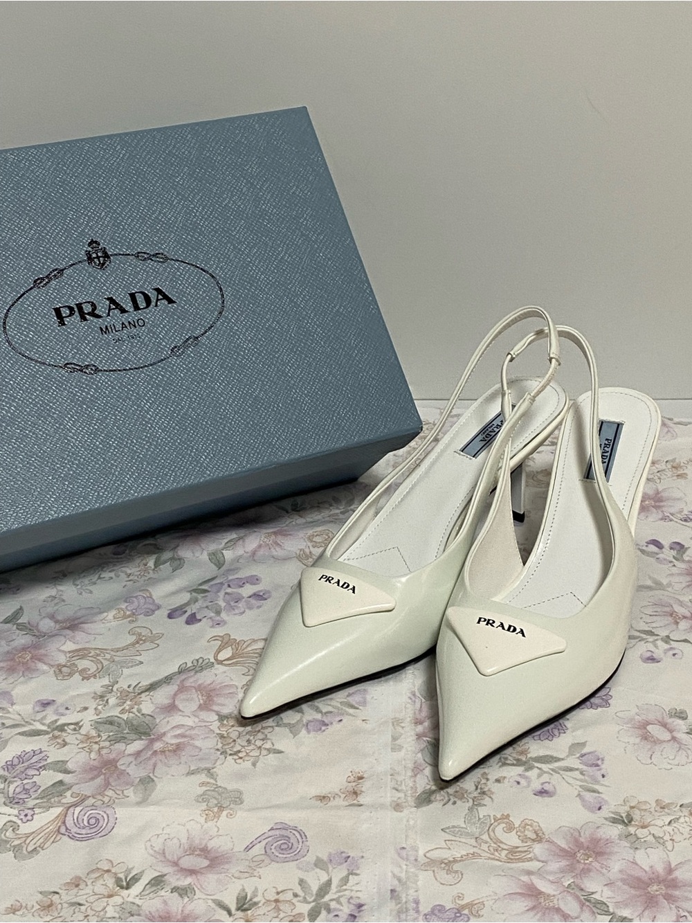 Prada Cream Patent Leather Pointed Slingback Pumps
